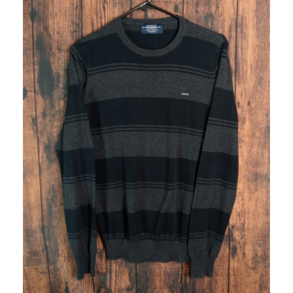Pull&Bear Mens Striped Crewneck Sweater Grey Black Long Sleeve Size Small